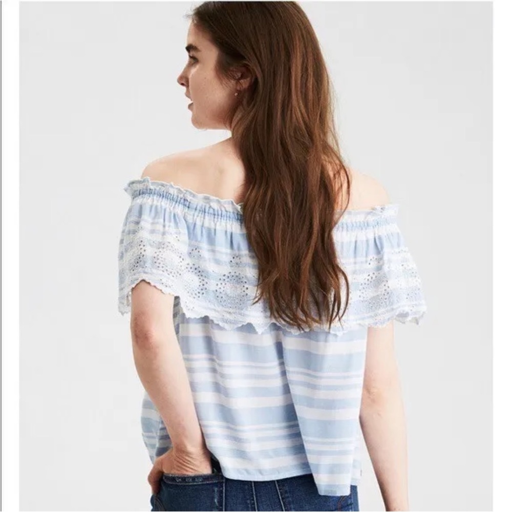 AE American Eagle Off Shoulder Eyelet Top Womens XS Blue White Striped Boho - Picture 2 of 9